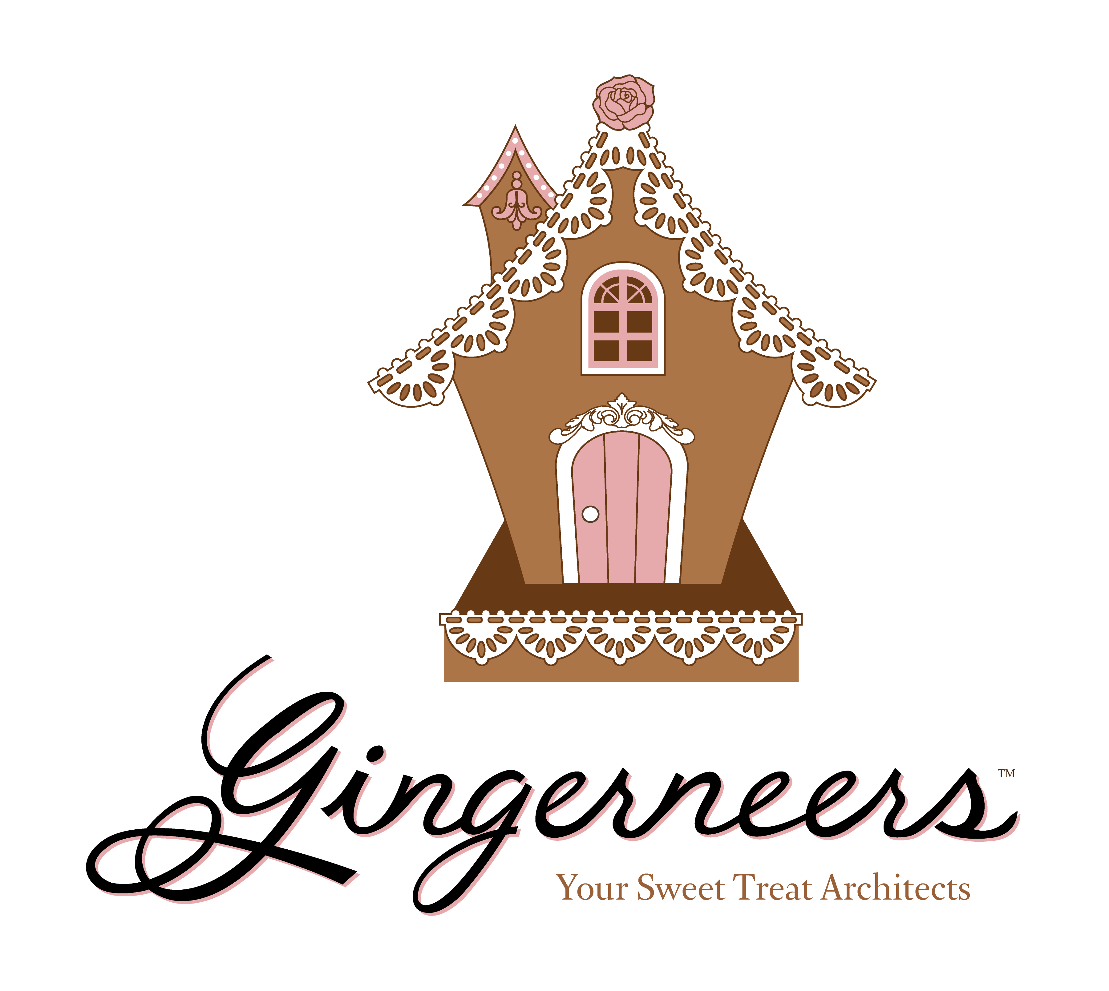 The Gingerneers logo. It has a small brown gingerbread house with white lace trim and a pink door. Gingerneers is written below it in cursive and below that it says your sweet treat architechs in a serif font.
