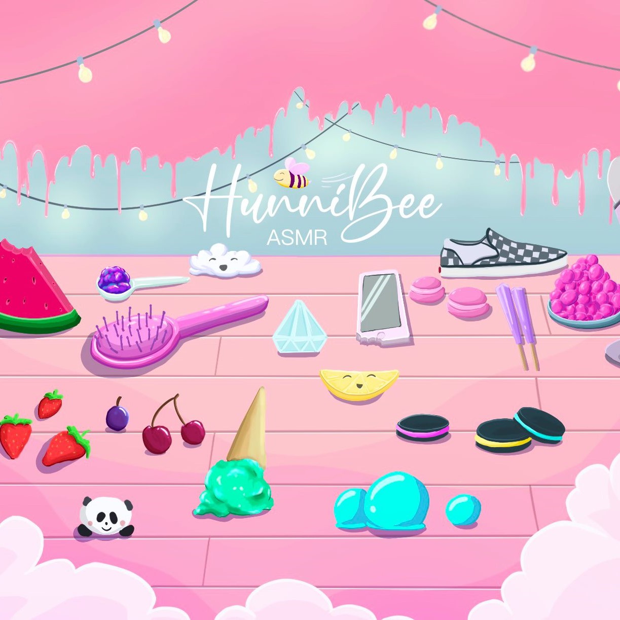 A photo of HunniBee's banner. It has a pink drip on a blue wall and a pink table with string lights hanging from the middle out. In the middle it says HunniBee ASMR with a yellow bee on top. There are miscellaneous objects on the table including food and objects. Pink clouds surround the bottom.